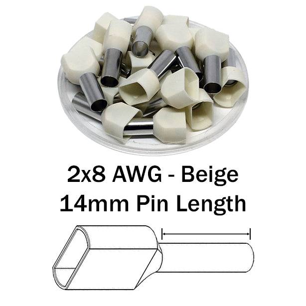 TW100014 - 8 AWG Twin Wire Ferrules, 14mm Pin, Beige, 100 Pieces