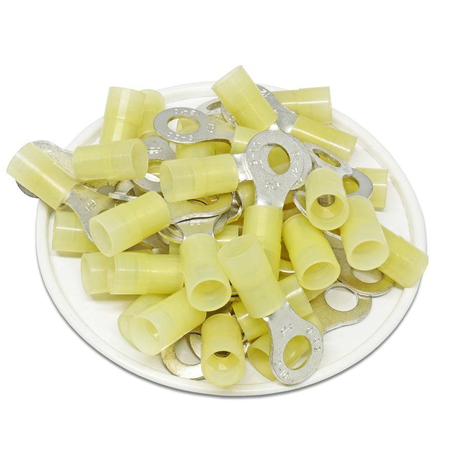 RNY5-6 - 12 to 10 AWG Nylon Ring Terminals, 1/4" Stud, Butted Seam, 50 Pieces
