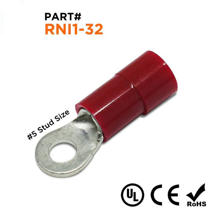 RNI1-32 - 22 a 16 AWG Polycarbonate Terminales de anillo, #4 Orificio, 100 piezas