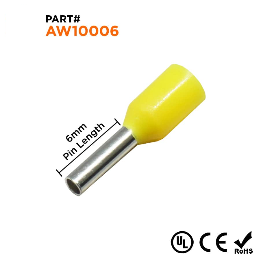 AW10006 - 18 & 17 AWG Insulated Wire Ferrules, 6mm Pin, Yellow, UL Recognized, 500 Pieces