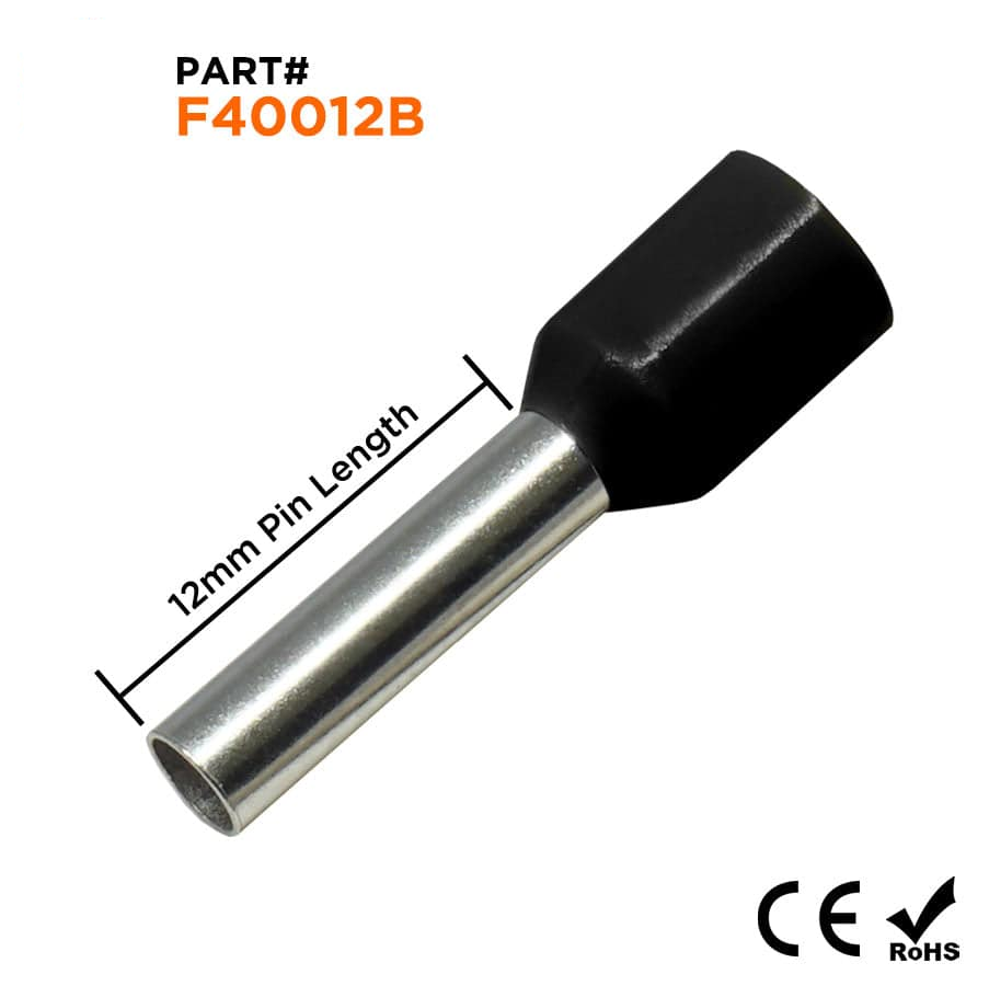 F40012B - 12 AWG Insulated Punteras, 12mm Pin, Negro, 500 piezas