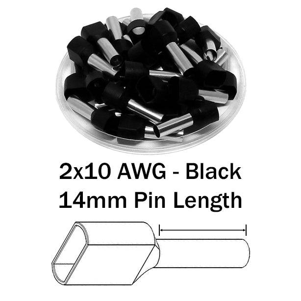 TW60014 - 10 AWG Twin Wire Ferrules, 14mm Pin, Black, 100 Pieces