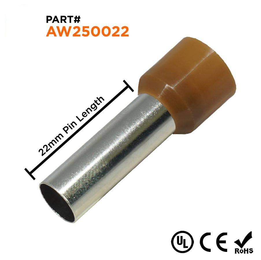 AW250022 - 4 AWG Insulated Wire Ferrules, 22mm Pin, Brown, UL Recognized, 100 Pieces