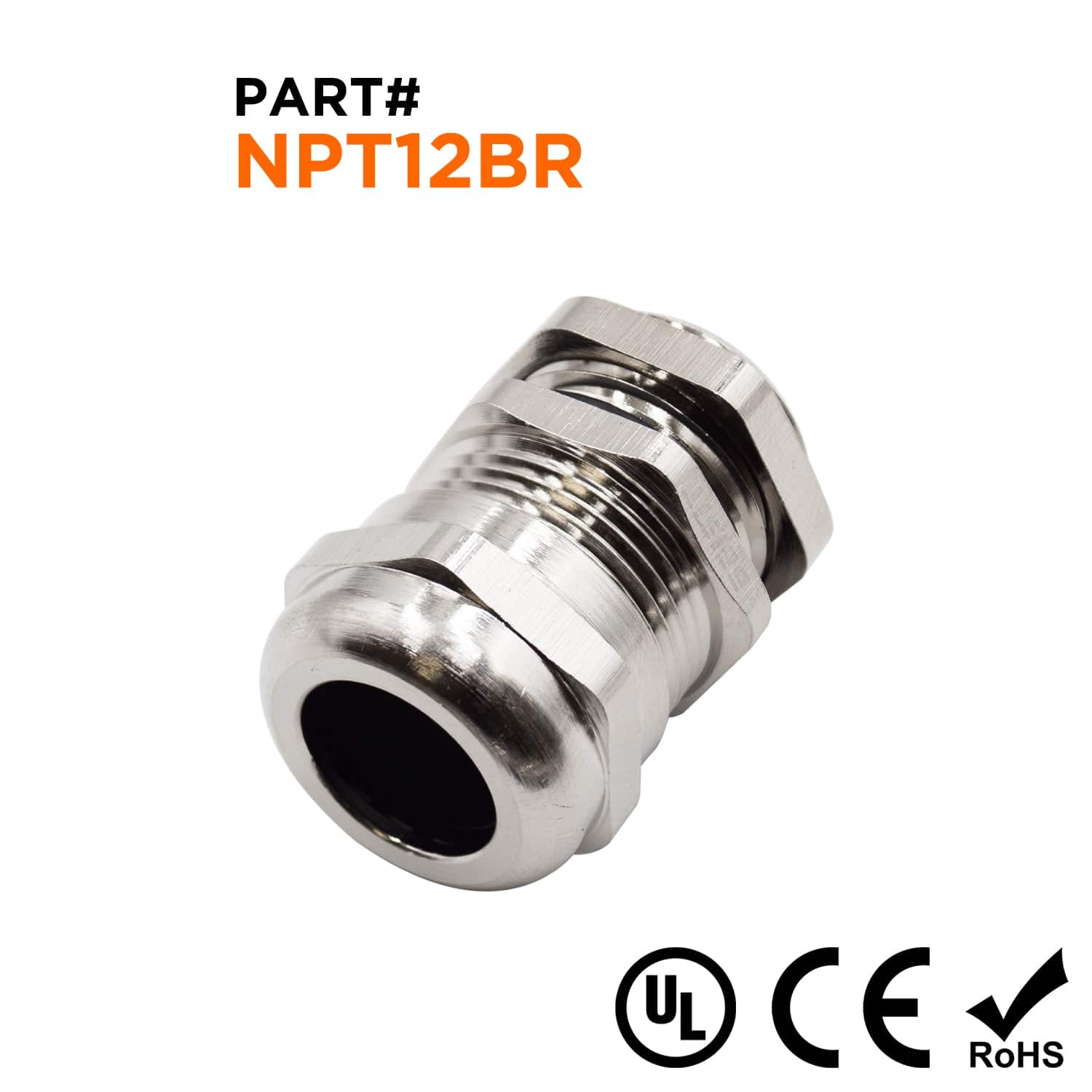 N1214BR - 1/2" NPT Thread Plated Brass Cable Gland, Range: 3/8" to 9/16", UL Listed, IP68, IP69K - 1 Piece