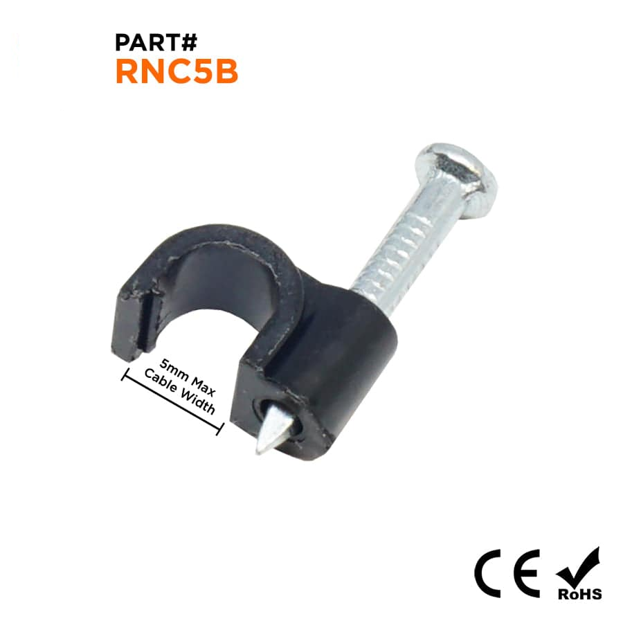 Nail In Cable Grapas, Ethernet Cable Nails Tacks, Round, 5mm, 0.20", Negro, 100 piezas - RNC5B