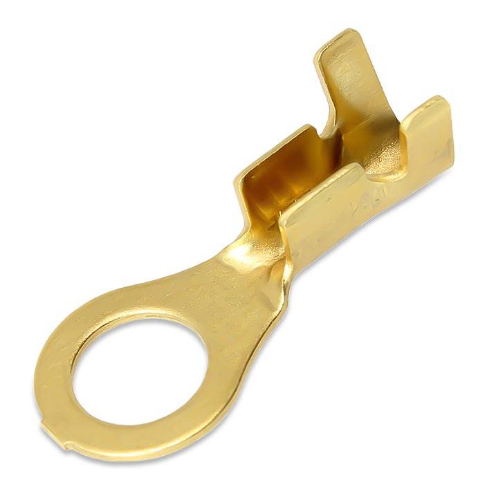RL050-03B9L - 16 a 14 AWG Open Barrel Brass Terminales de anillo, #10 Orificio, 100 piezas