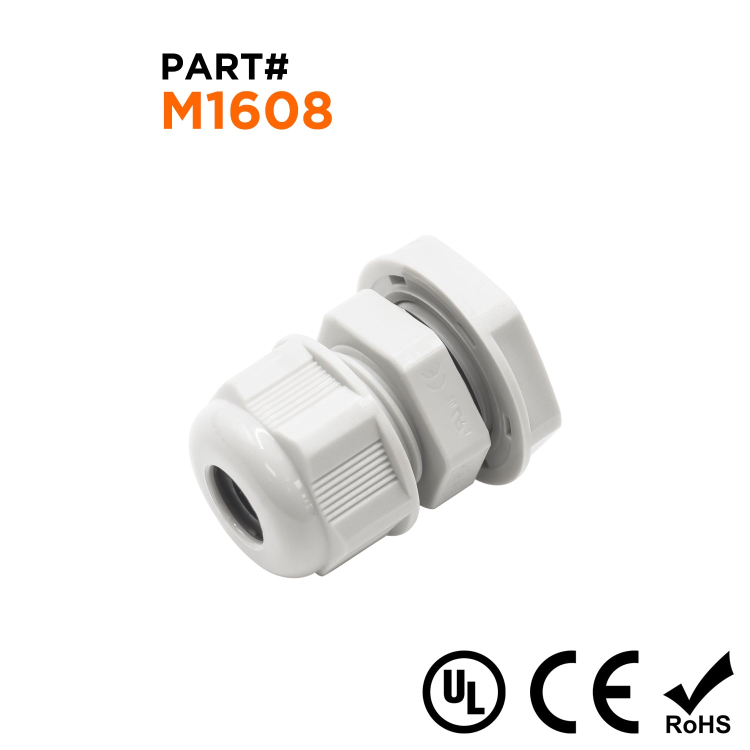 M1608GY - M16 x 1.5mm Metric Thread Nylon Cable Gland, Gray, Range: 3/16" to 5/16", UL Listed, IP68, IP69K - 1 Piece