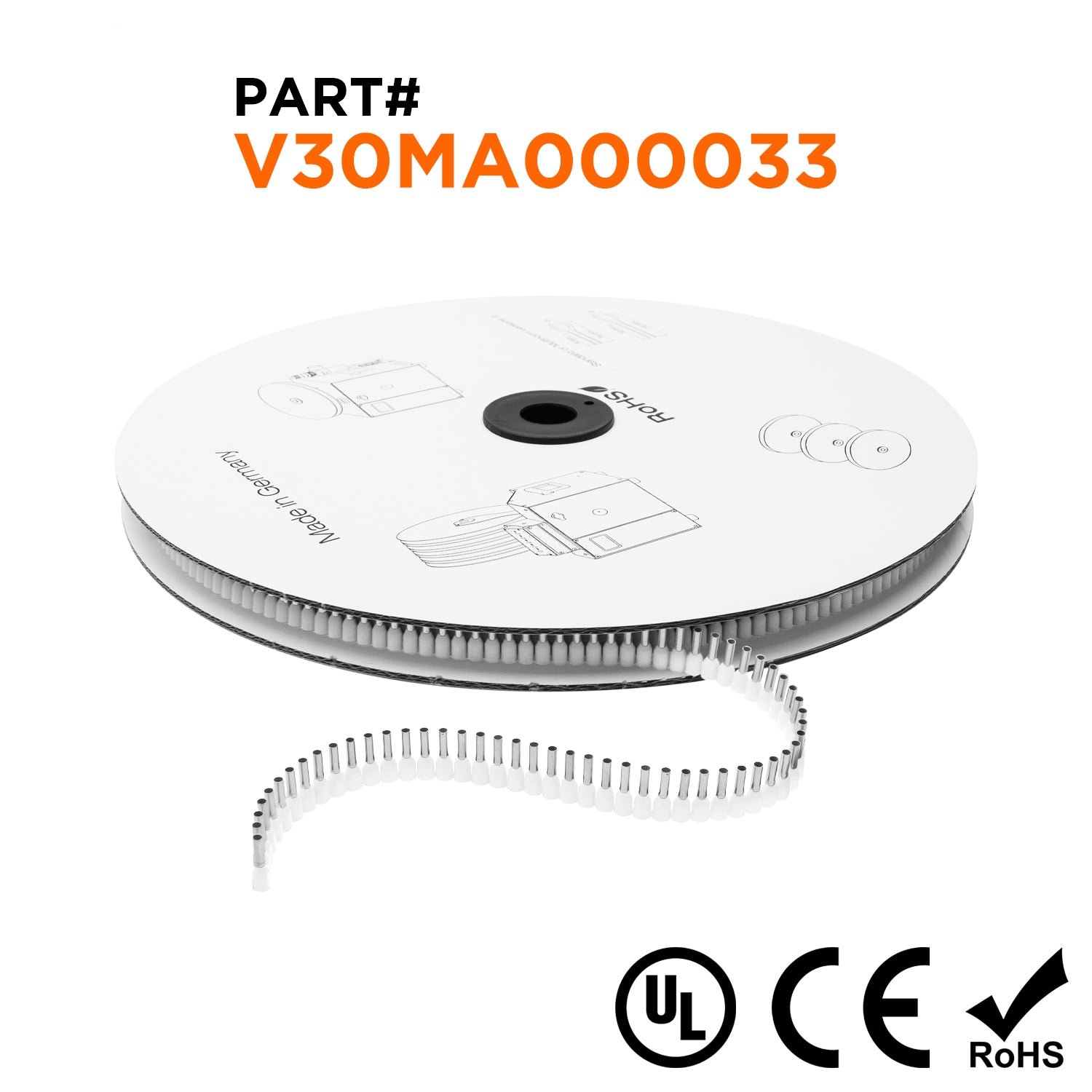 Z+F V30MA000033 - 22 & 20 AWG Insulated Punteras, 8mm Pin, Blanco, 5000 piezas Reel/Spool
