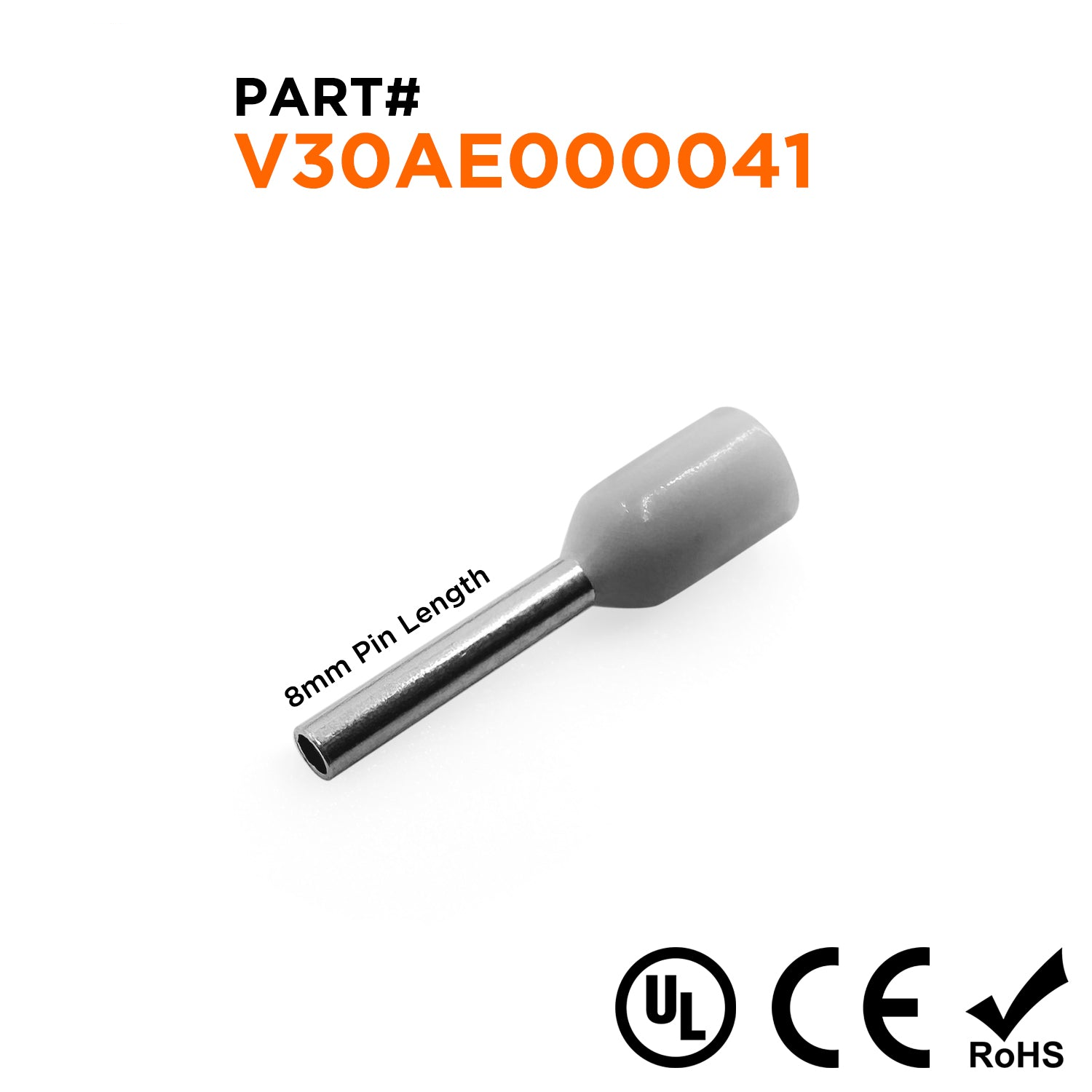 Z+F V30AE000041 - 20 AWG Insulated Punteras, 8mm Pin, Gris - 500 piezas