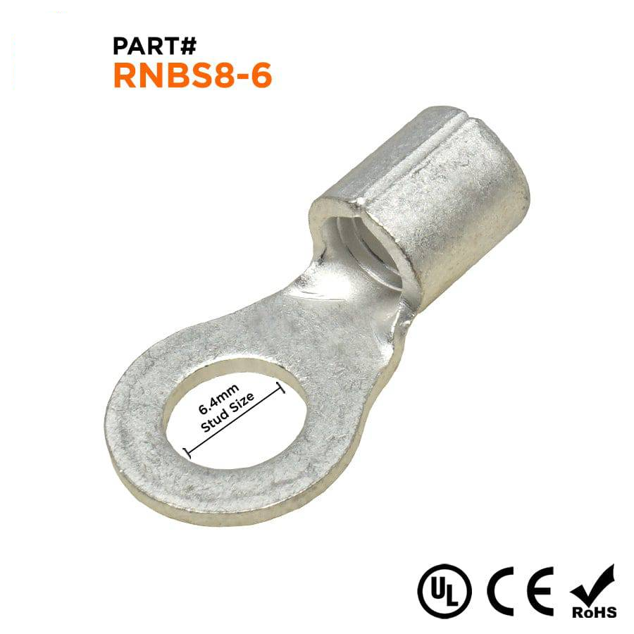 RNBS8-6 - 8 AWG Non Insulated Ring Terminals, 1/4" Stud, UL Approved, 25 Pieces