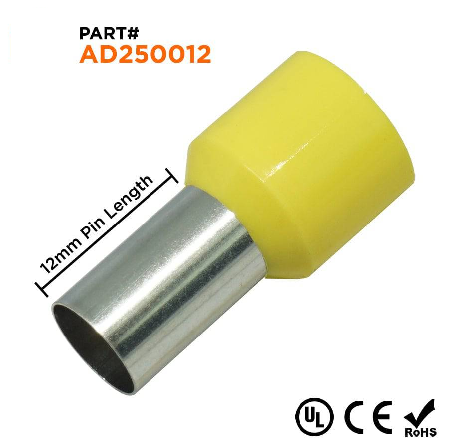 AD250012 - 4 AWG Insulated Punteras, 12mm Pin, Amarillo, UL Recognized, 100 piezas