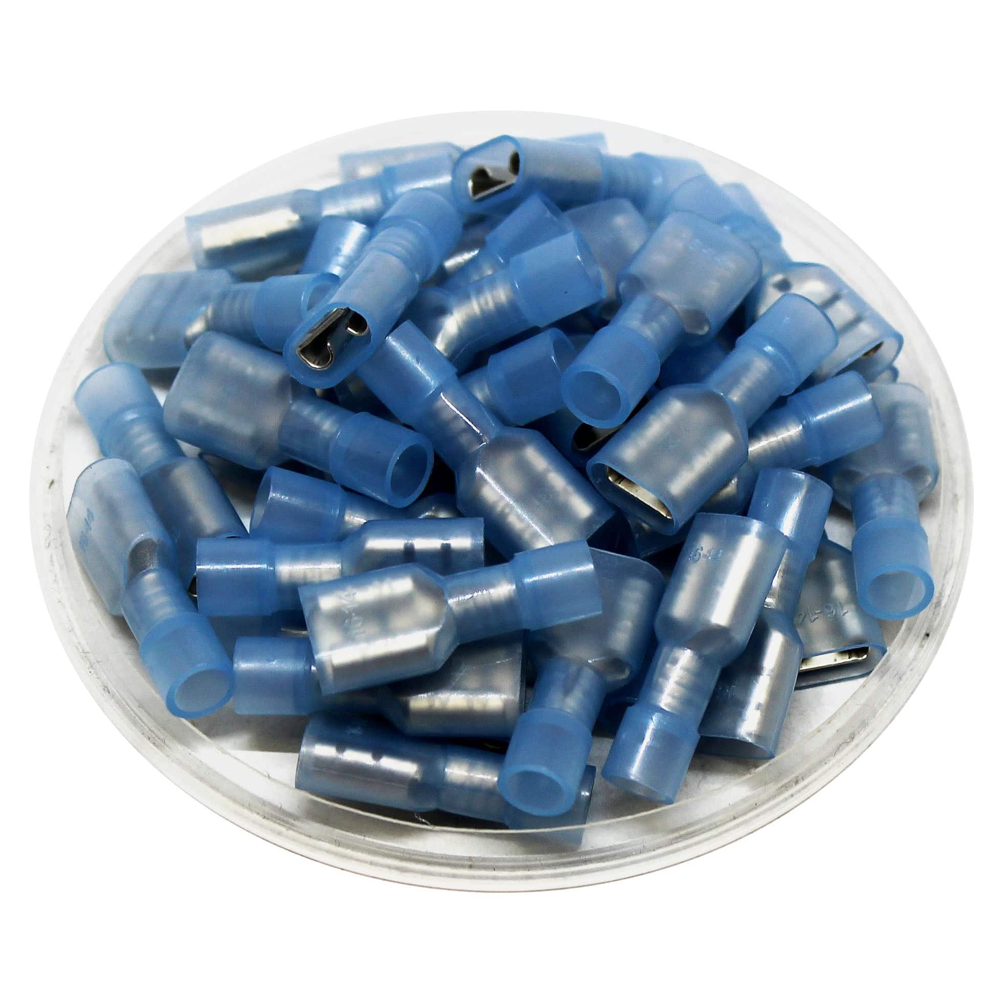 FDFN2-250 - 16 to 14 AWG Nylon Insulated Quick Disconnects, Female, Fully Insulated, Blue, 100 Pieces