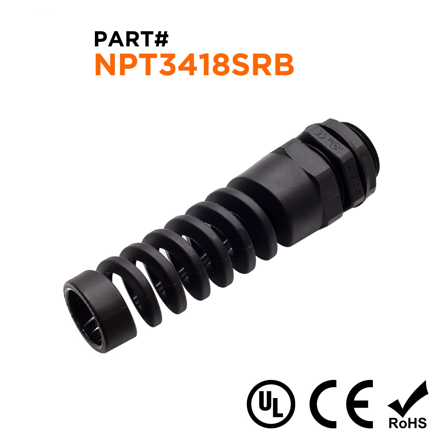 N3418SRB - 3/4" NPT Rosca De nailon Flexible Prensaestopas, Negro, Rango: 1/2" a 11/16", UL Listed, IP68, IP69K - 1 pieza