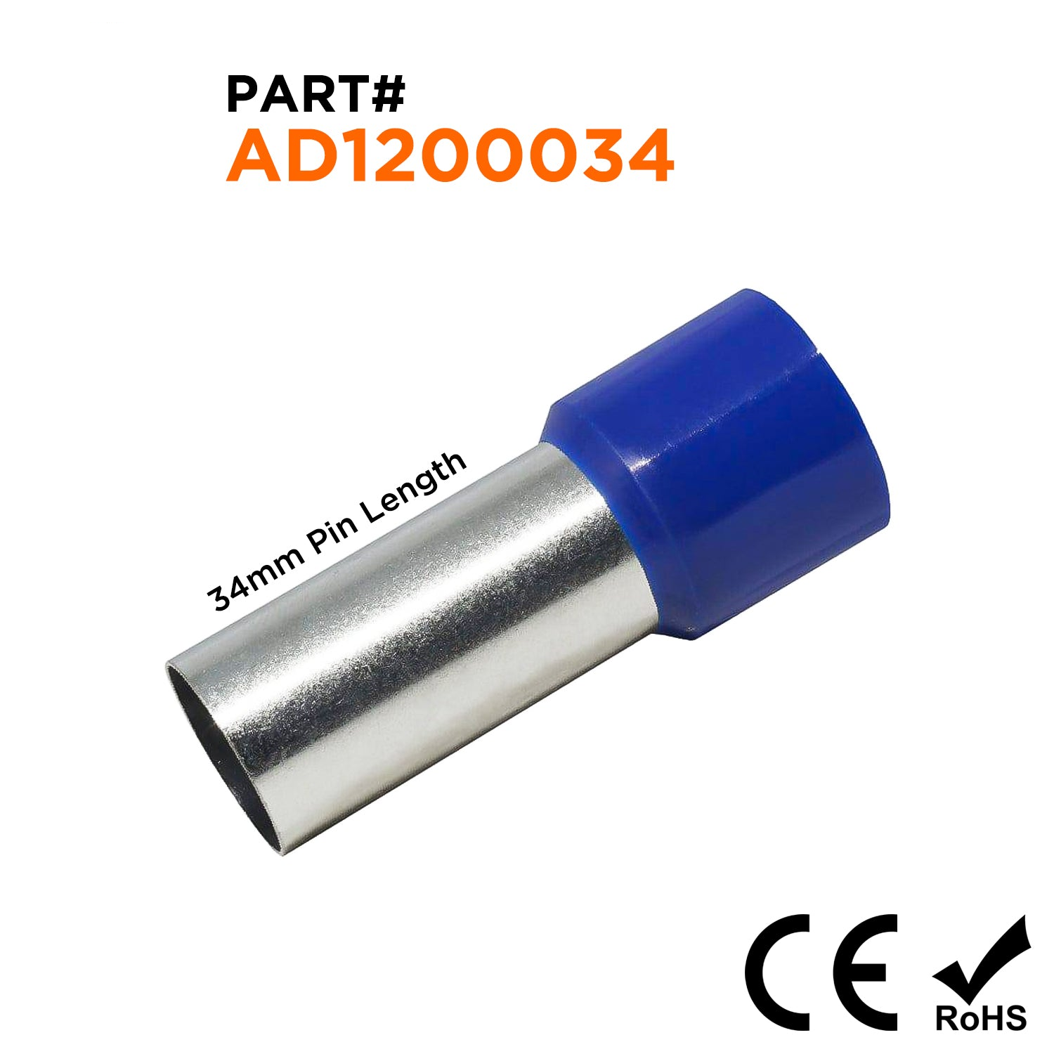 AD1200034 - 4/0 AWG Insulated Wire Ferrules, 34mm Pin, Blue, 25 Pieces