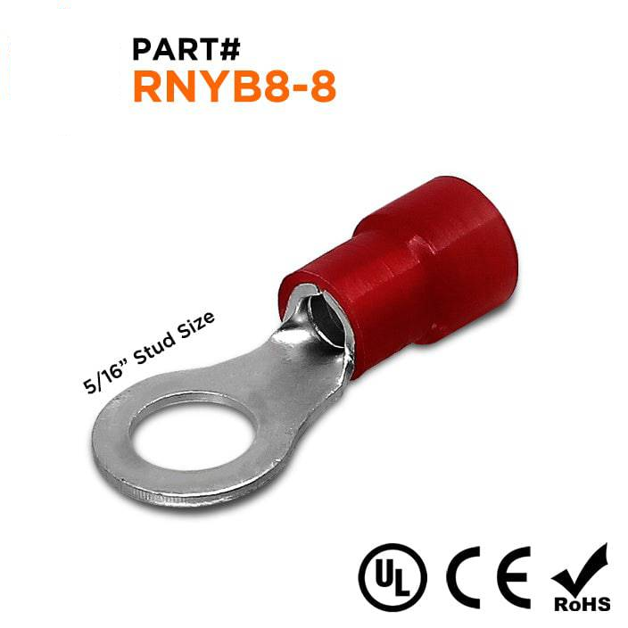 RNYB8-8 - 8 AWG Nylon Insulated Ring Terminals, 5/16" Stud, UL Recognized, 50 Pieces