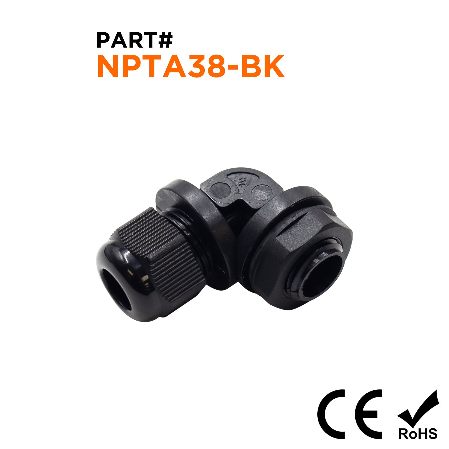 MS-NPTA38B - 3/8" NPT Rosca De nailon Prensaestopas, Negro, Right Angle, IP68, 5-9mm Rango, 1 pieza