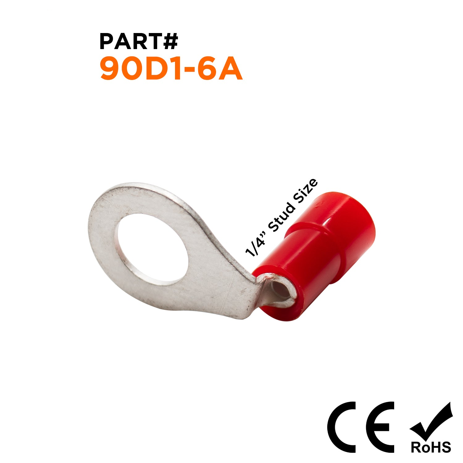 90D1-6A - 22 a 16 AWG Right Angle Con aislamiento de nailon Terminales de anillo, 1/4" Orificio, 100 piezas