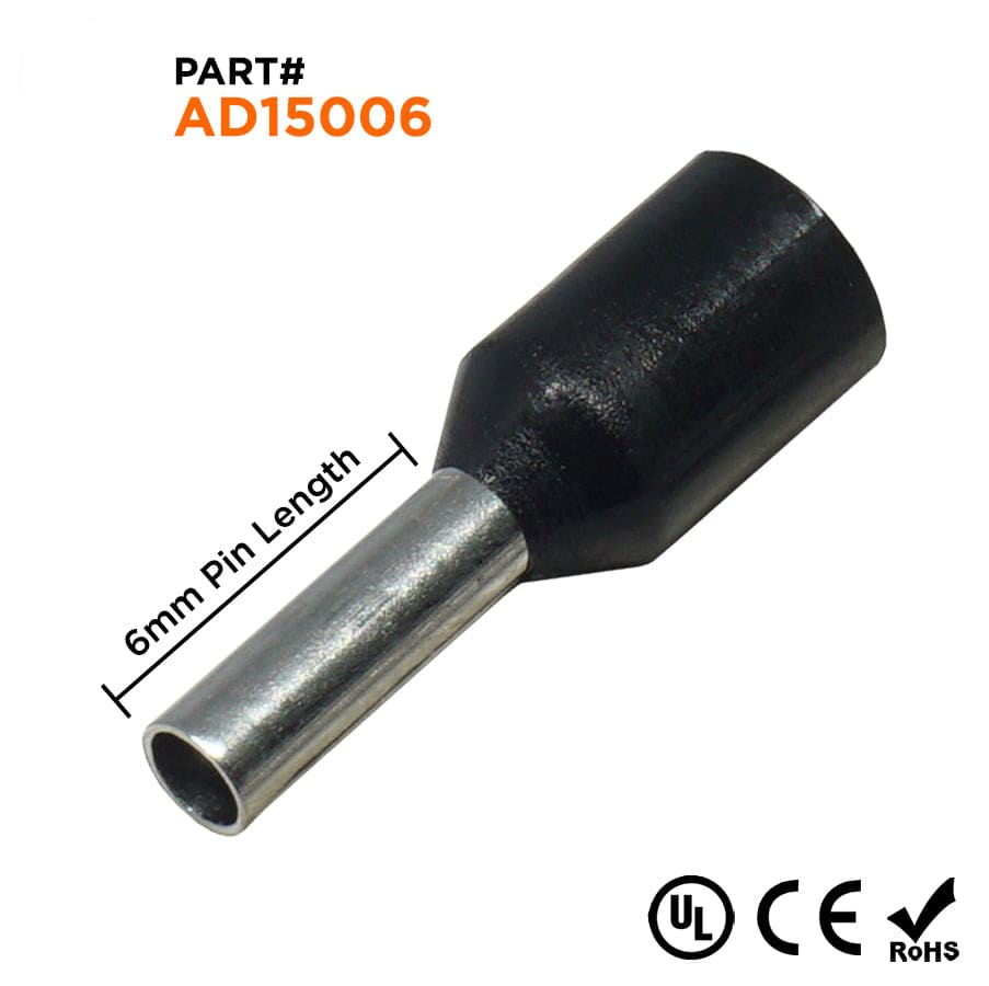 AD15006 - 16 AWG Insulated Wire Ferrules, 6mm Pin, Black, 500 Pieces