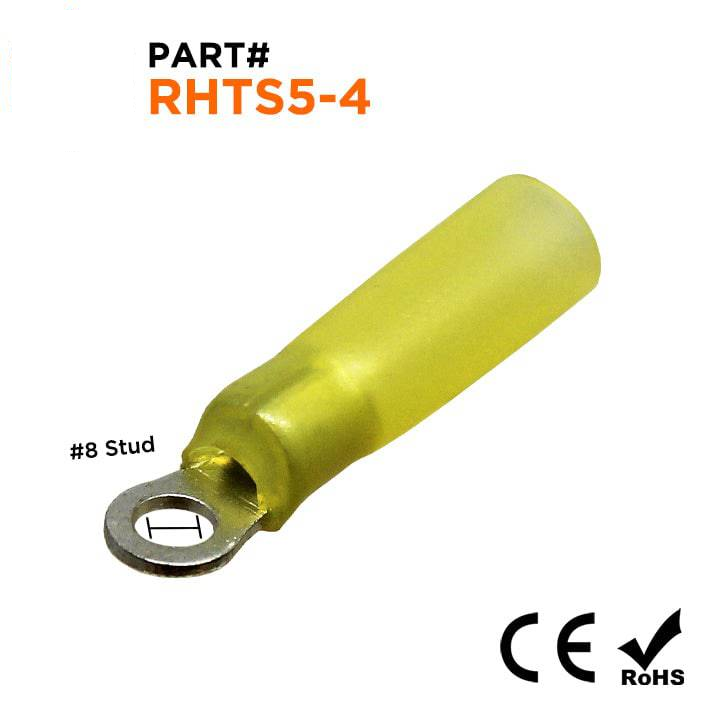 RHTS5-4 - 12 a 10 AWG Termorretráctiles Terminales de anillo, #8 Orificio, Polyethylene, 10 piezas