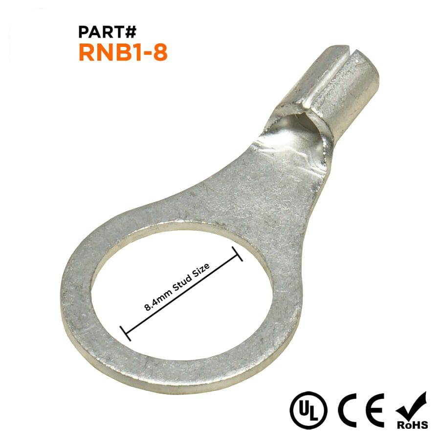 RNB1-8 - 22 to 16 AWG Non Insulated Ring Terminals, 5/16" Stud, UL Recognized, 100 Pieces