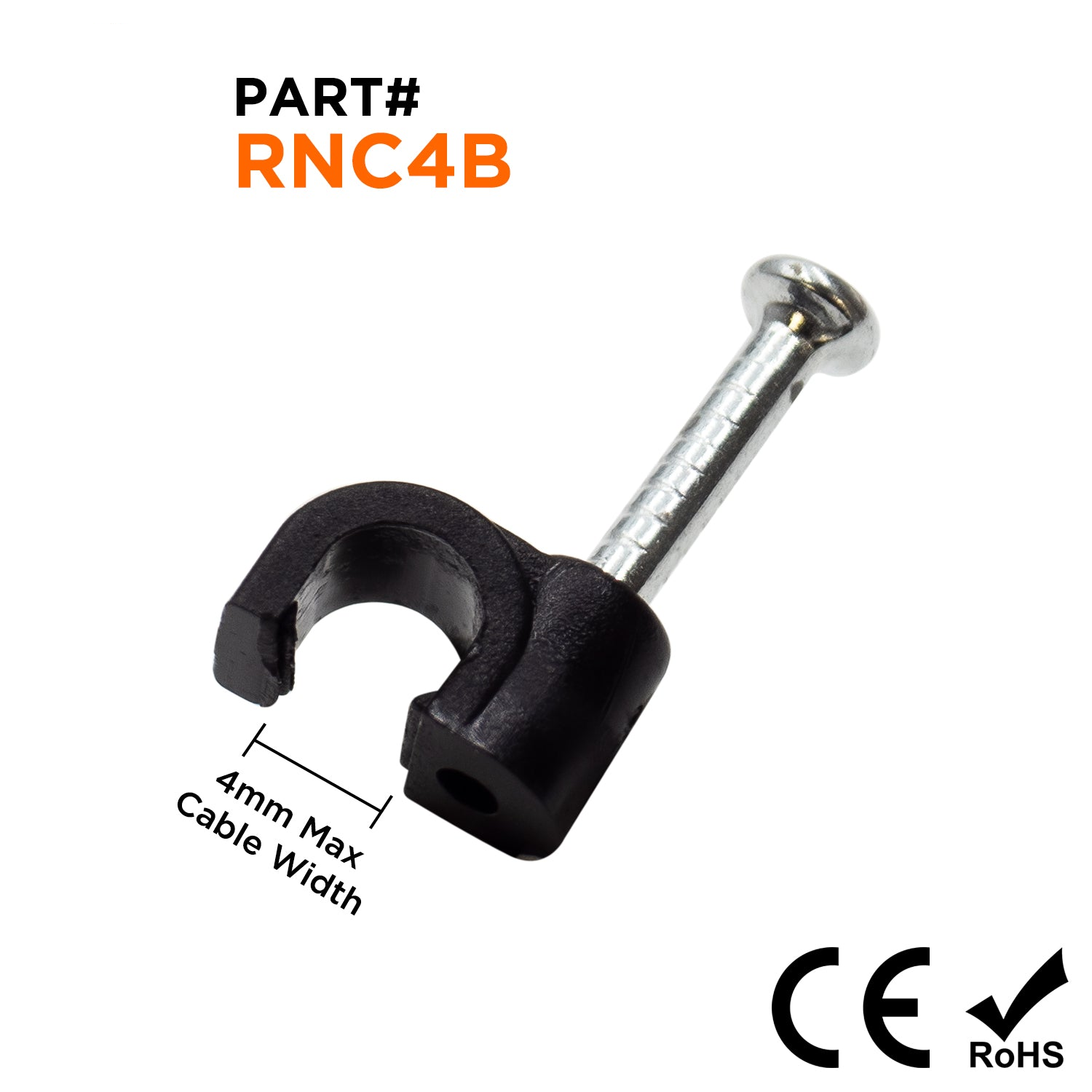 RNC4B - Nail In Cable Grapas, Cable Nails Tacks, Round, 4mm, 0.16", Negro, 100 piezas