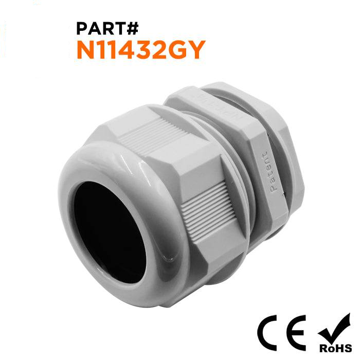 N11432GY - 1-1/4" NPT Thread Nylon Cable Gland, Gray, Range: 7/8" to 1-1/4", UL Listed, IP68, IP69K - 1 Piece