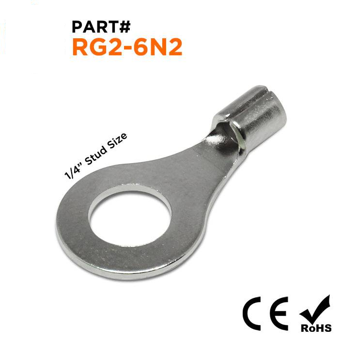 RG2-6N2 - 16 to 14 AWG High Temperature Ring Terminals, 1/4" Stud, Steel, 900°F, 100 Pieces