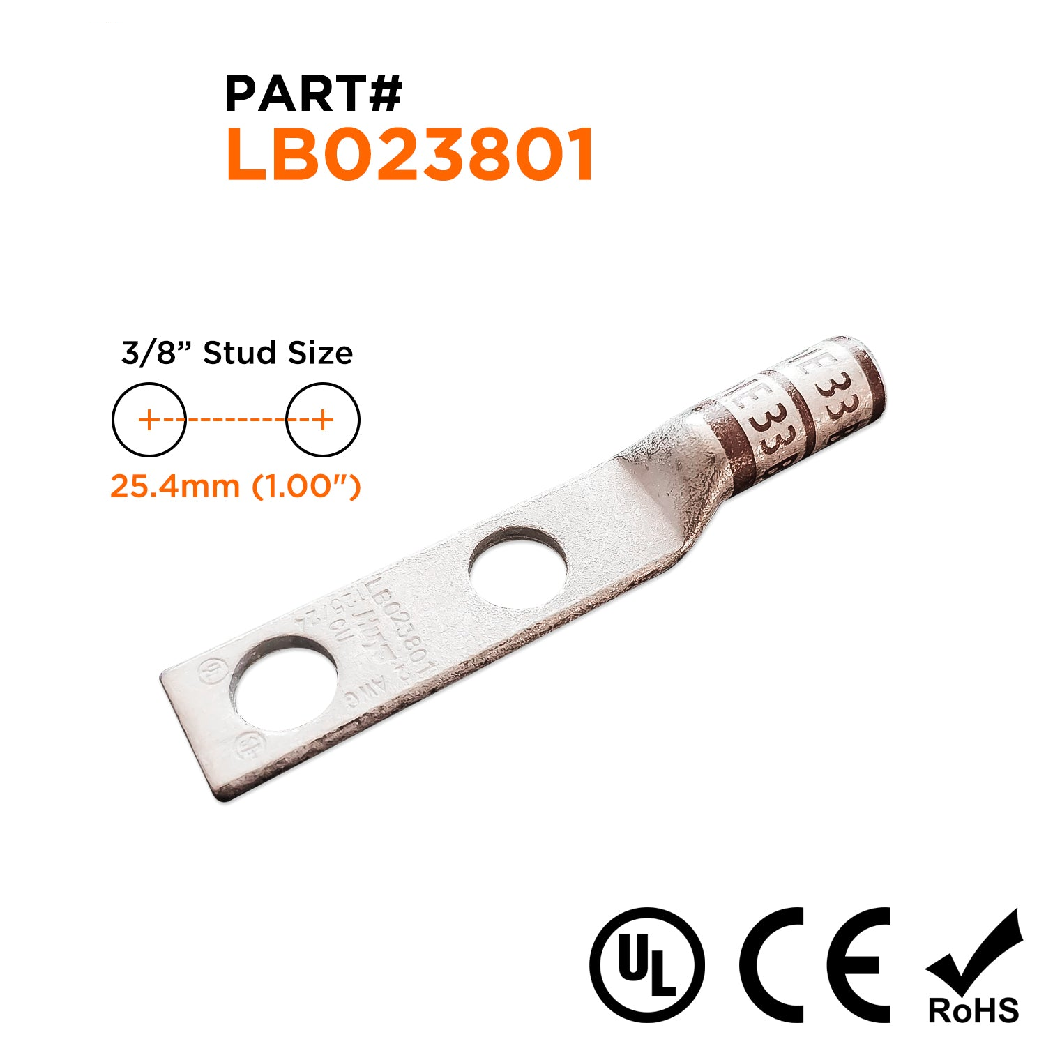 2 AWG Long Barrel 2-Hole Compression Lug, 3/8" Stud - Huya #: LB023801