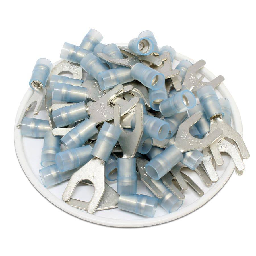 SNYDL2-6 - 16 a 14 AWG Con aislamiento de nailon Terminales de horquilla, 1/4" Orificio, Double Crimp, UL Recognized, 100 piezas