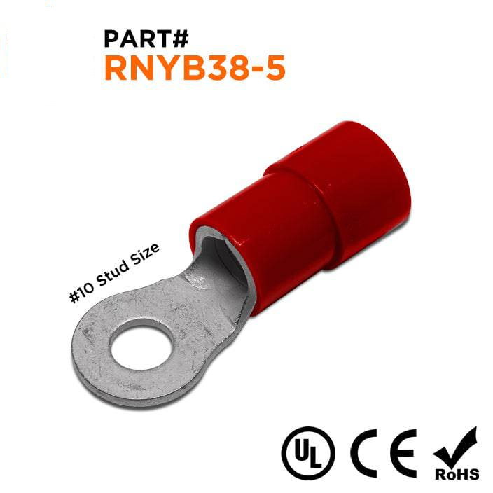 RNYB38-5 - 2 AWG Nylon Insulated Ring Terminals, #10 Stud, 10 Pieces