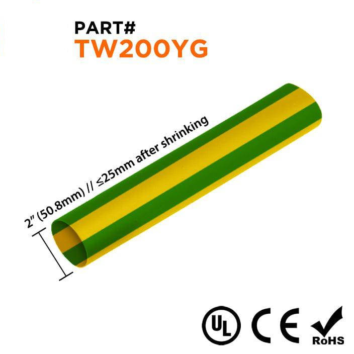 TW200YG - 2" De pared fina Tubo termorretráctil, 2:1 Relación de contracción, Amarillo/Verde, Sold Per Foot