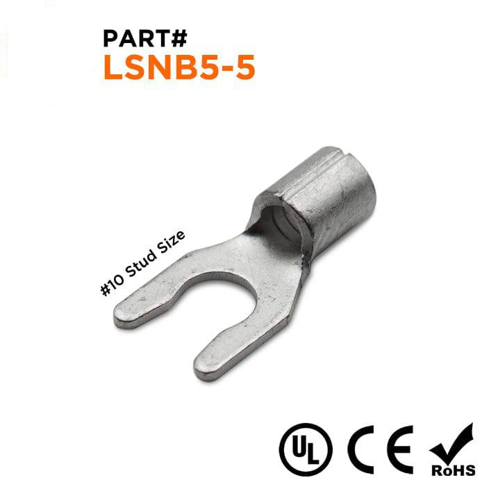 12-10 AWG Non Insulated Locking Spade Terminals, #10 Stud, UL Approved, 100 Pieces - LSNB5-5