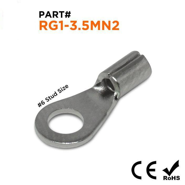 RG1-3.5MN2 - 22 a 16 AWG De alta temperatura Terminales de anillo, #6 Orificio, De acero, 900°F, 100 piezas