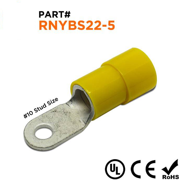 RNYBS22-5 - 4 AWG Nylon Insulated Ring Terminals, #10 Stud, 10 Pieces