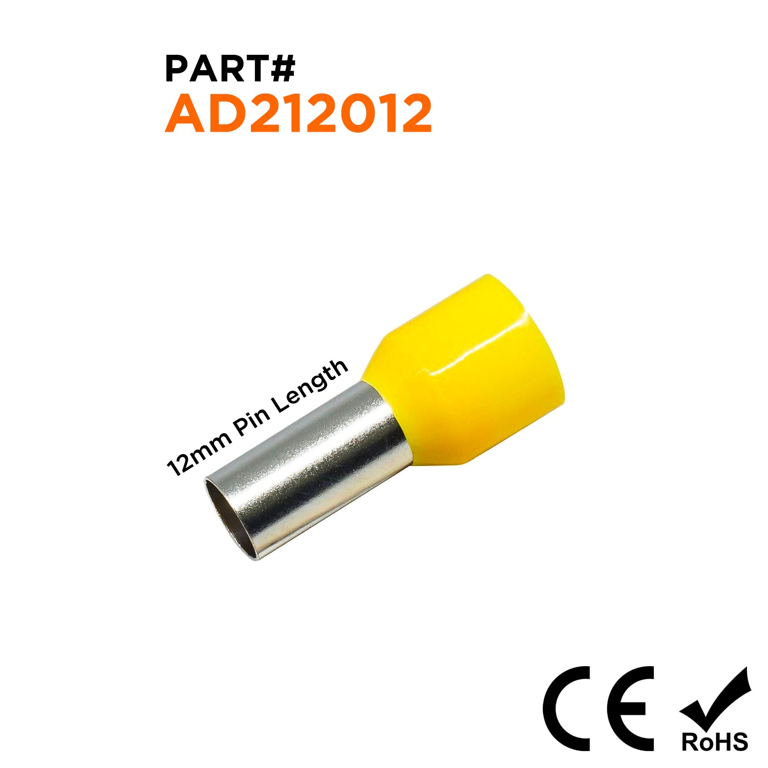 AD212012 - 4 AWG (Small Diameter) Insulated Punteras, 12mm Pin, Amarillo, 100 piezas