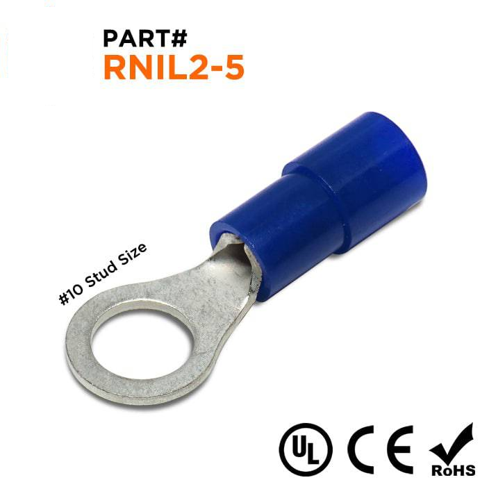 RNIL2-5 - 16 a 14 AWG Polycarbonate Terminales de anillo, #10 Orificio, 100 piezas