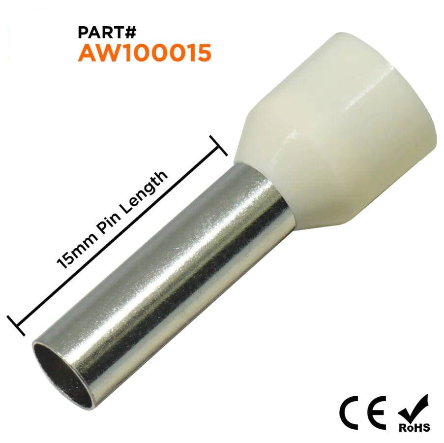 AW100015 - 8 AWG Insulated Punteras, 15mm Pin, Beige, 100 piezas