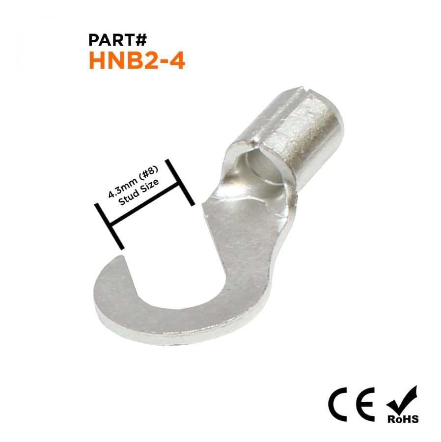 16-14 AWG Non Insulated Hook Terminals, #8 Stud, Brazed Seam, UL, - HNB2-4