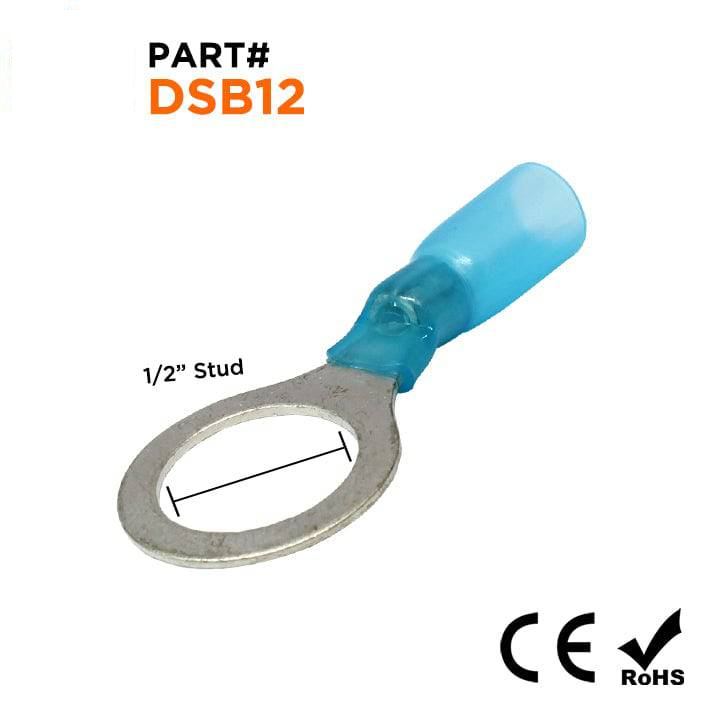 DSB12 - 16 a 14 AWG Termorretráctiles Terminales de anillo, 1/2" Orificio, Polyolefin, 25 piezas