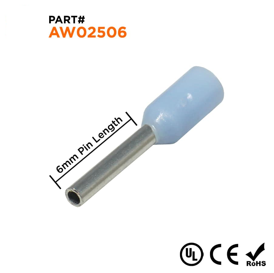 AW02506 - 24 AWG Insulated Punteras, 6mm Pin, Azul claro, UL Recognized, 500 piezas