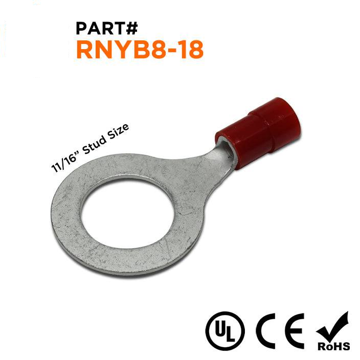 RNYB8-18 - 8 AWG Nylon Insulated Ring Terminals, 11/16" Stud, 10 Pieces