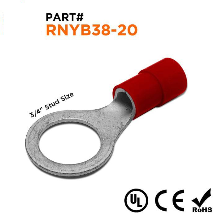 RNYB38-20 - 2 AWG Con aislamiento de nailon Terminales de anillo, 3/4" Orificio, 10 piezas