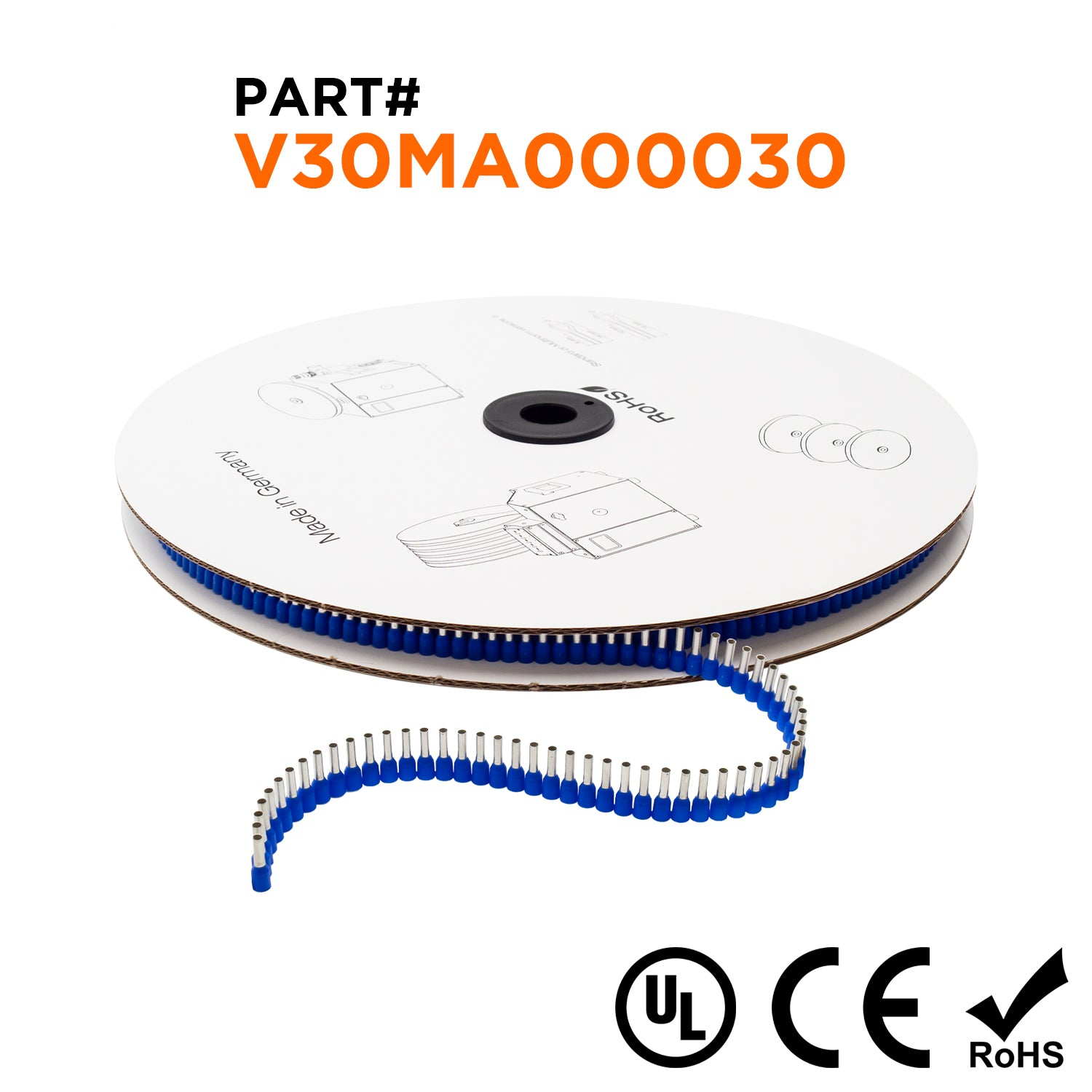 Z+F V30MA000030 - 14 AWG Insulated Wire Ferrules, 8mm Pin, Blue, Reel of 3,000 Pieces