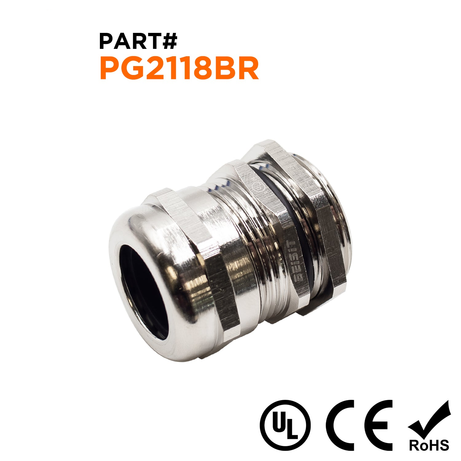 P2118BR - PG21 Rosca Plated Brass Prensaestopas, Rango: 1/2" a 11/16", UL Listed, IP68, IP69K - 1 pieza