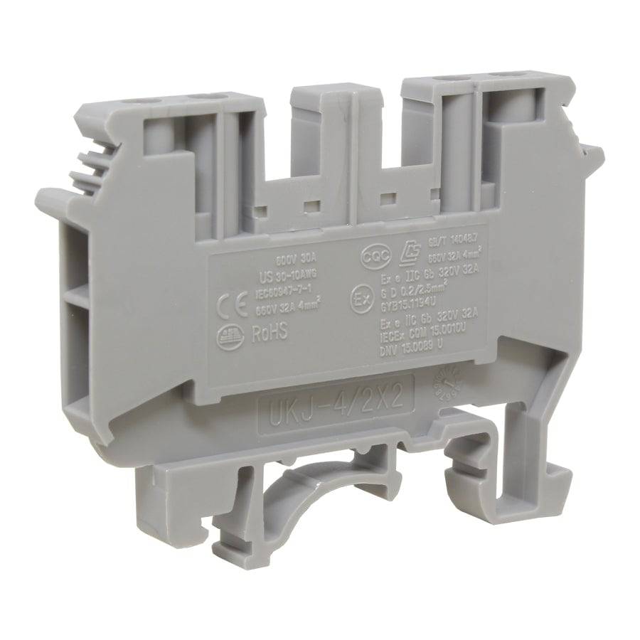 UKJ-4/2X2 - 24 to 10 AWG Screw Clamp, Feed-Thru, Double In Double Out Terminal Block, 660v, UL Approved, Gray
