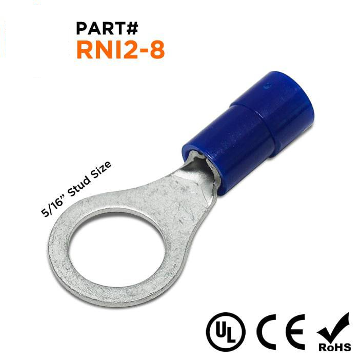 RNI2-8 - 16 to 14 AWG Polycarbonate Ring Terminals, 5/16" Stud, 100 Pieces