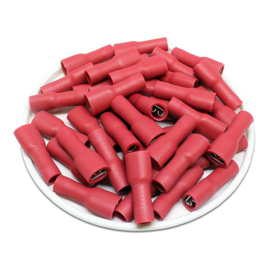 FDFD1-187(8) - 22 to 16 AWG Vinyl PVC Fully Insulated Quick Disconnects, Female, Double Crimp, 100 Pieces