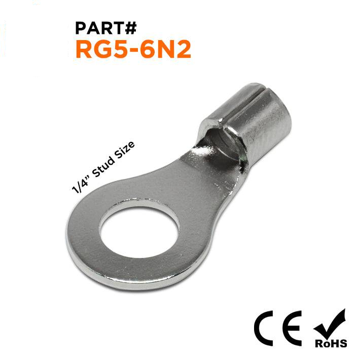 RG5-6N2 - 12 a 10 AWG De alta temperatura Terminales de anillo, 1/4" Orificio, De acero, 900°F, 100 piezas