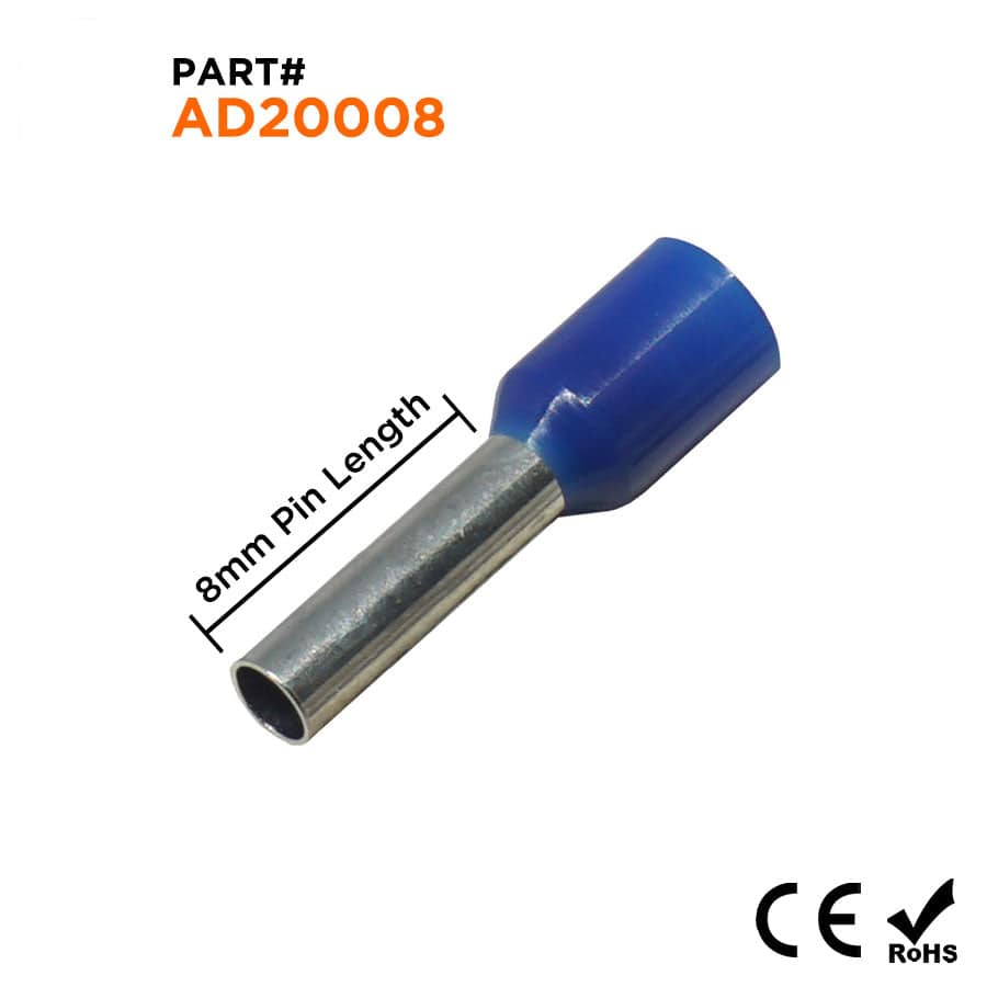 AD20008 - 14 AWG (Small Diameter) Insulated Wire Ferrules, 8mm Pin, Blue, 500 Pieces