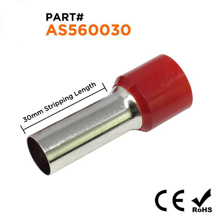 AS560030 - 0 & 1/0 AWG Single Insulated Punteras, 30mm Pin, Rojo, 25 piezas